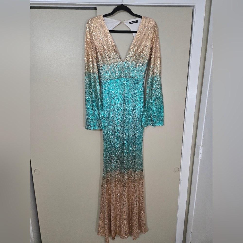 Banjul Teal and Gold Ombre Sequin Maxi Dress